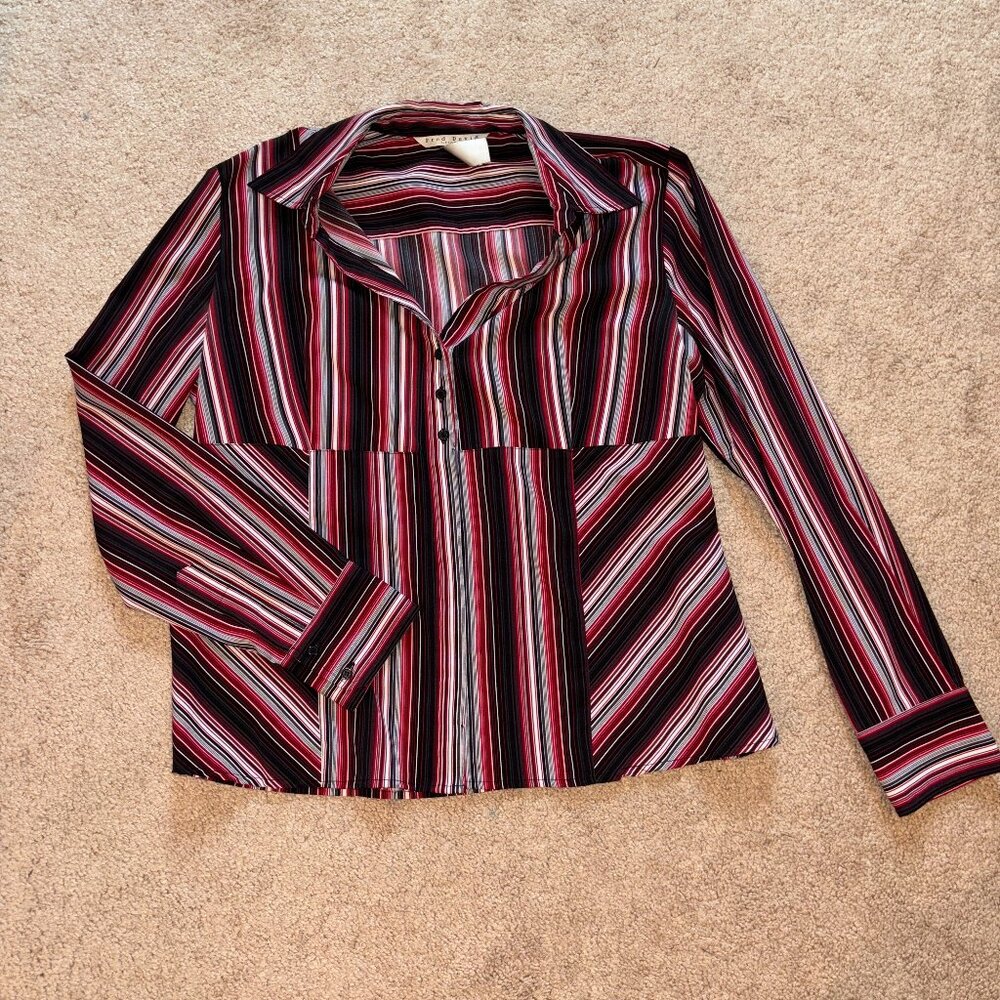 Black Red & White Striped Stretch Dress Shirt XL Fred David